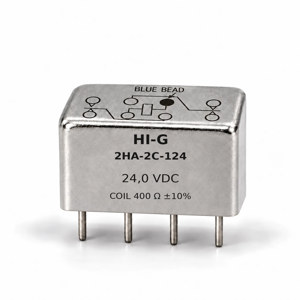 2HA-2C-124 — HI-G 2HA relay, 24 Vdc, 400 Ω; illustrative family image, see datasheet for terminal and mounting details