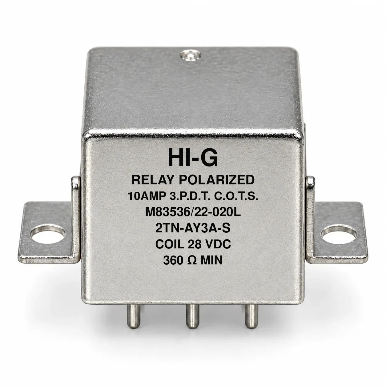 2TN-AY3A-S — M83536/22-020L; 2TN relay with 28 Vdc coil, solder pins and raised vertical flange