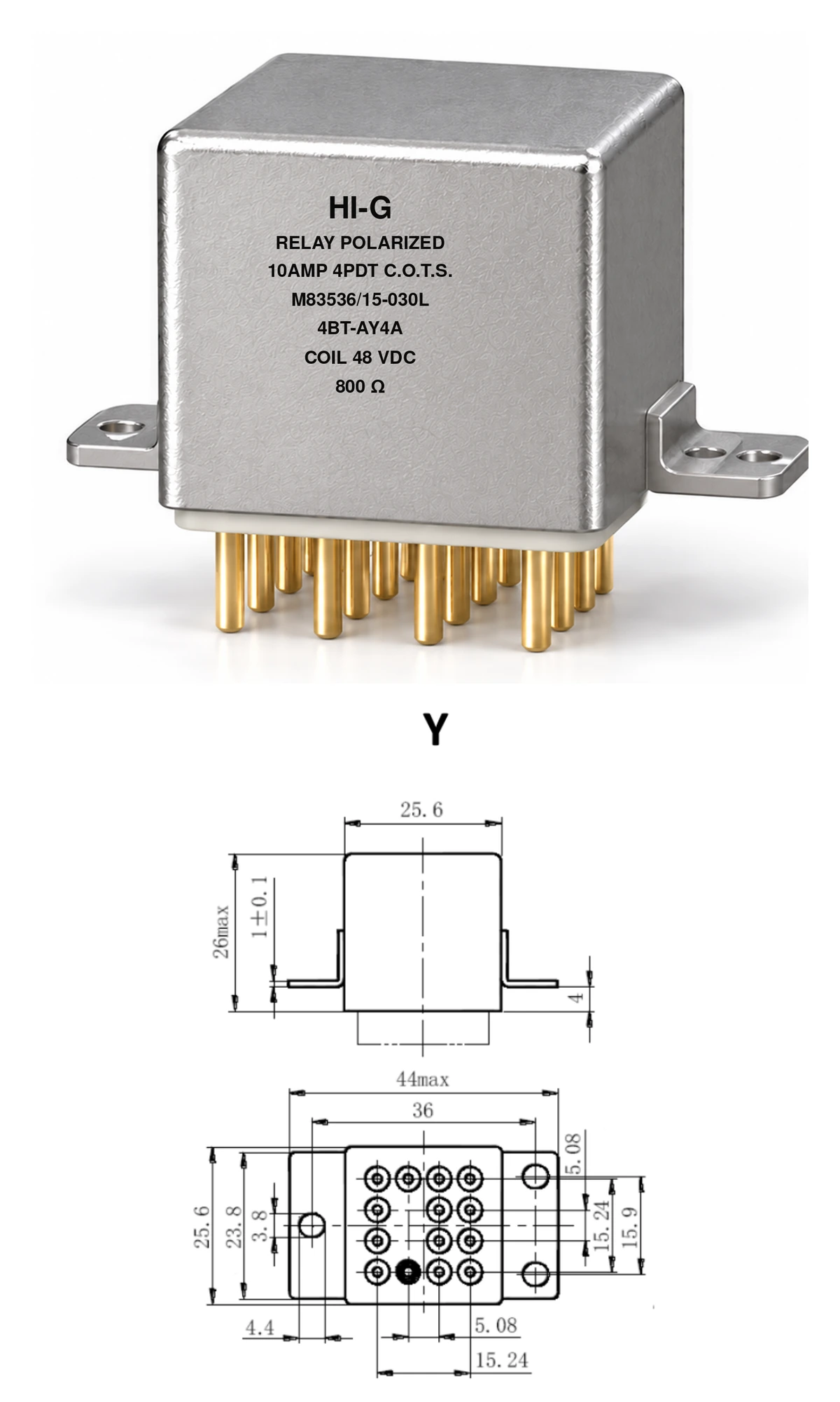 4BT-AY4A — M83536/15-030L; 4BT relay with A header and Y mounting, 48 Vdc coil, 800 Ω; individual product photo and mounting diagram