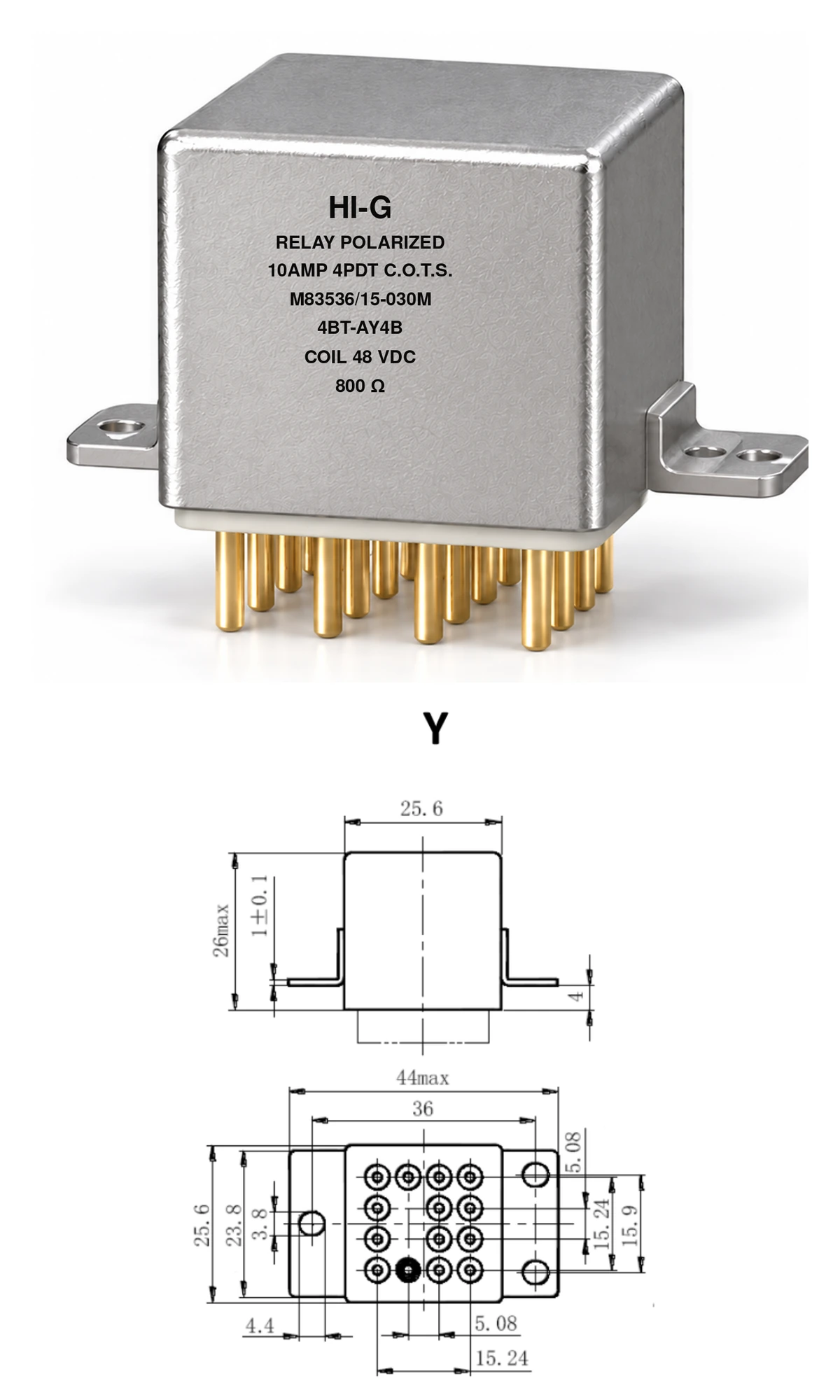 4BT-AY4B — M83536/15-030M; 4BT relay with A header and Y mounting, 48 Vdc coil, 800 Ω; individual product photo and mounting diagram