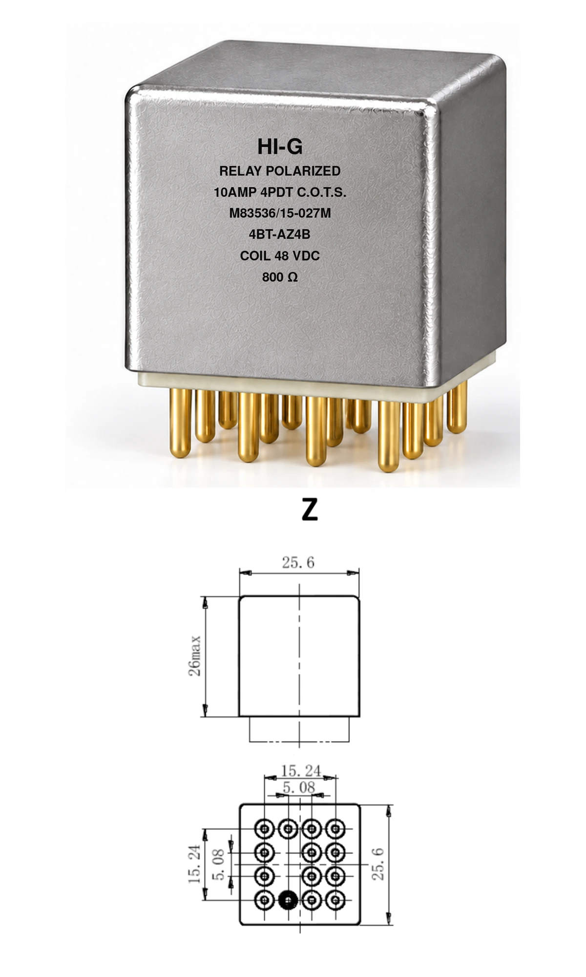 4BT-AZ4B — M83536/15-027M; 4BT relay with A header and Z mounting, 48 Vdc coil, 800 Ω; individual product photo and mounting diagram