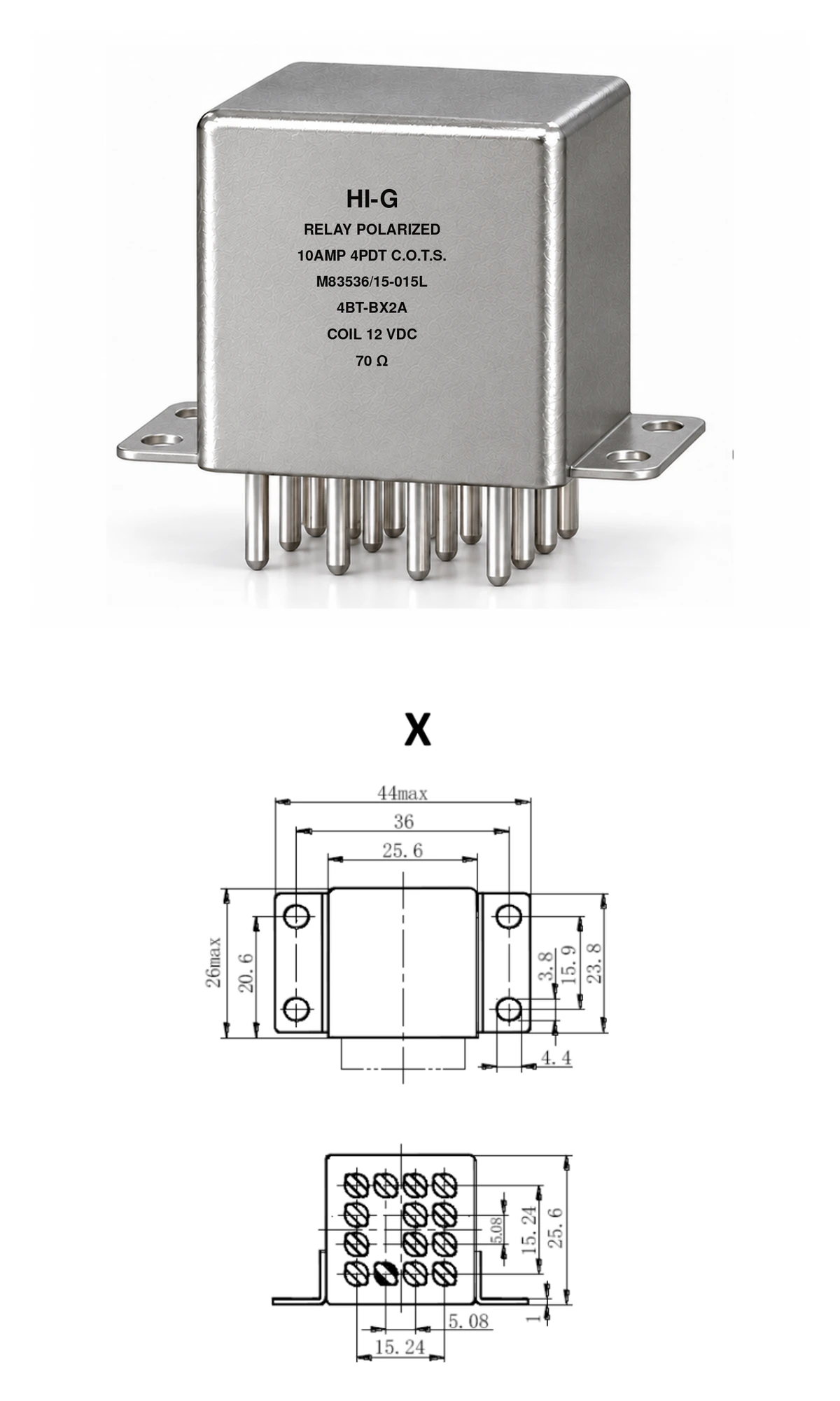 4BT-BX2A — M83536/15-015L; 4BT relay with B header and X mounting, 12 Vdc coil, 70 Ω; individual product photo and mounting diagram