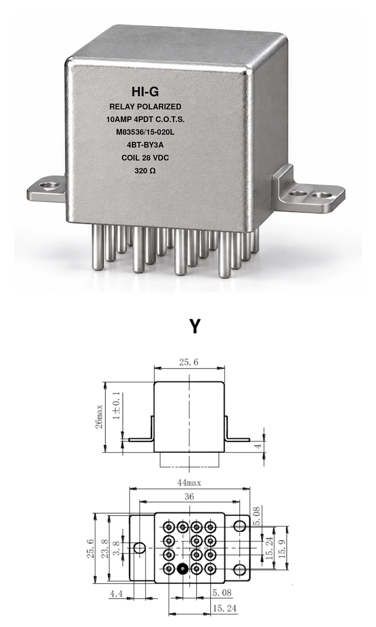 4BT-BY3A — M83536/15-020L; 4BT relay with B header and Y mounting, 28 Vdc coil, 320 Ω; individual product photo and mounting diagram