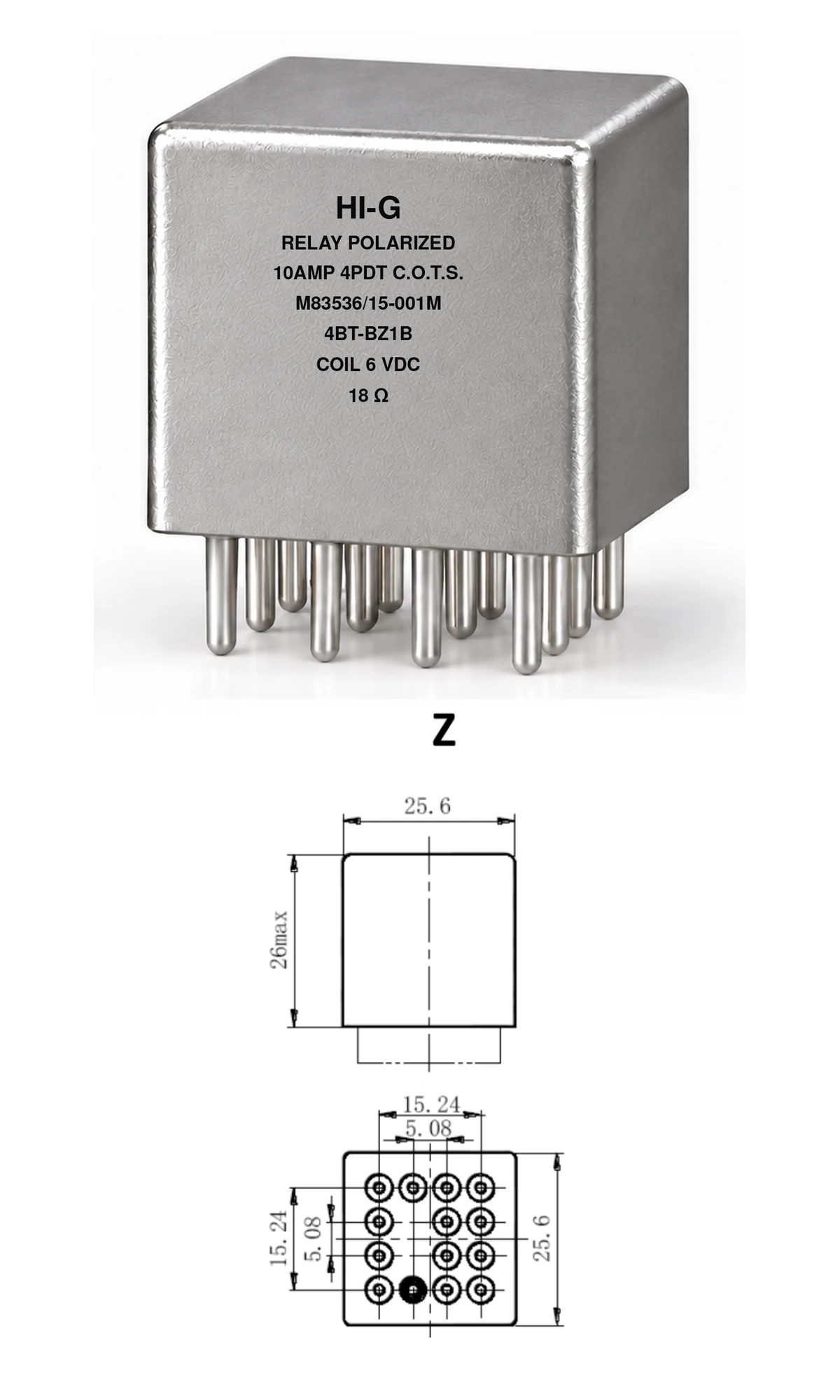 4BT-BZ1B — M83536/15-001M; 4BT relay with B header and Z mounting, 6 Vdc coil, 18 Ω; individual product photo and mounting diagram