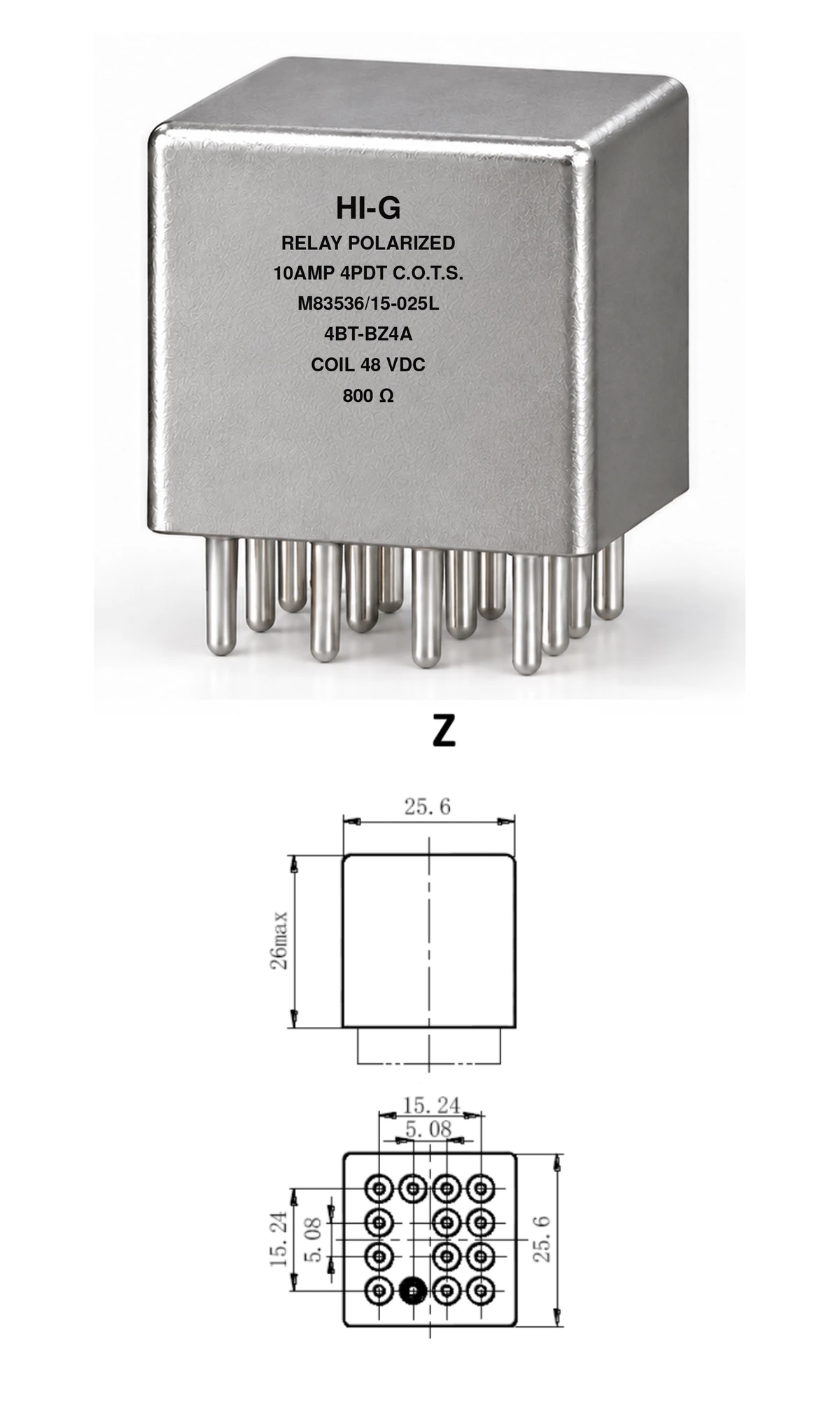 4BT-BZ4A — M83536/15-025L; 4BT relay with B header and Z mounting, 48 Vdc coil, 800 Ω; individual product photo and mounting diagram
