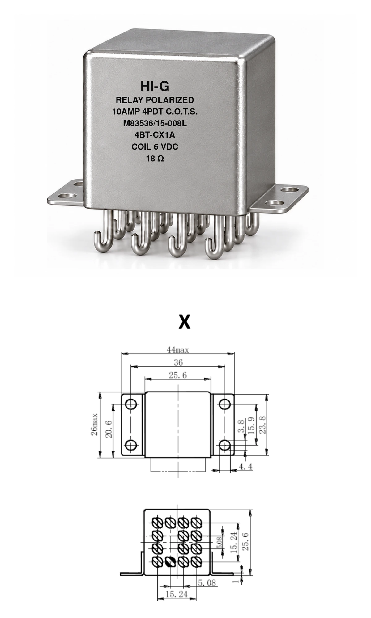4BT-CX1A — M83536/15-008L; 4BT relay with C header and X mounting, 6 Vdc coil, 18 Ω; individual product photo and mounting diagram