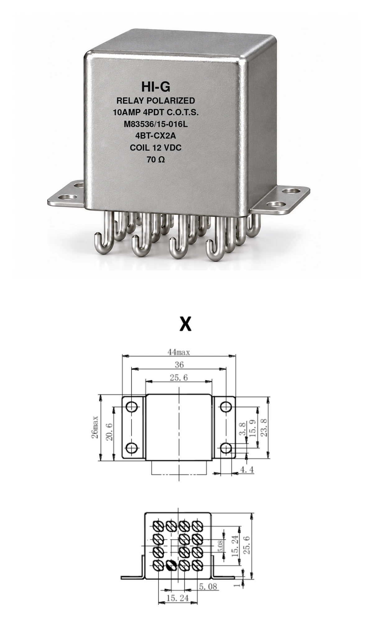 4BT-CX2A — M83536/15-016L; 4BT relay with C header and X mounting, 12 Vdc coil, 70 Ω; individual product photo and mounting diagram