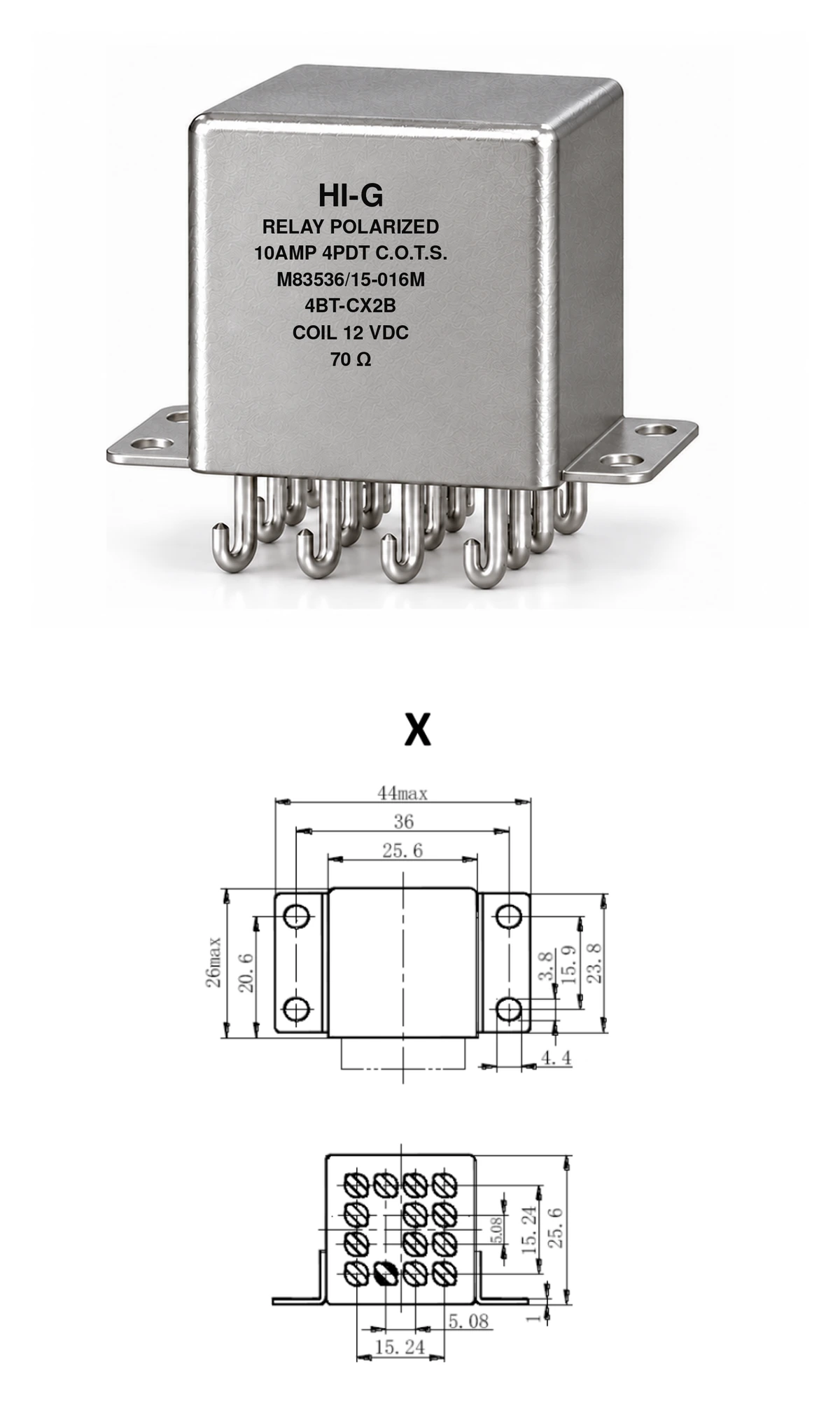 4BT-CX2B — M83536/15-016M; 4BT relay with C header and X mounting, 12 Vdc coil, 70 Ω; individual product photo and mounting diagram