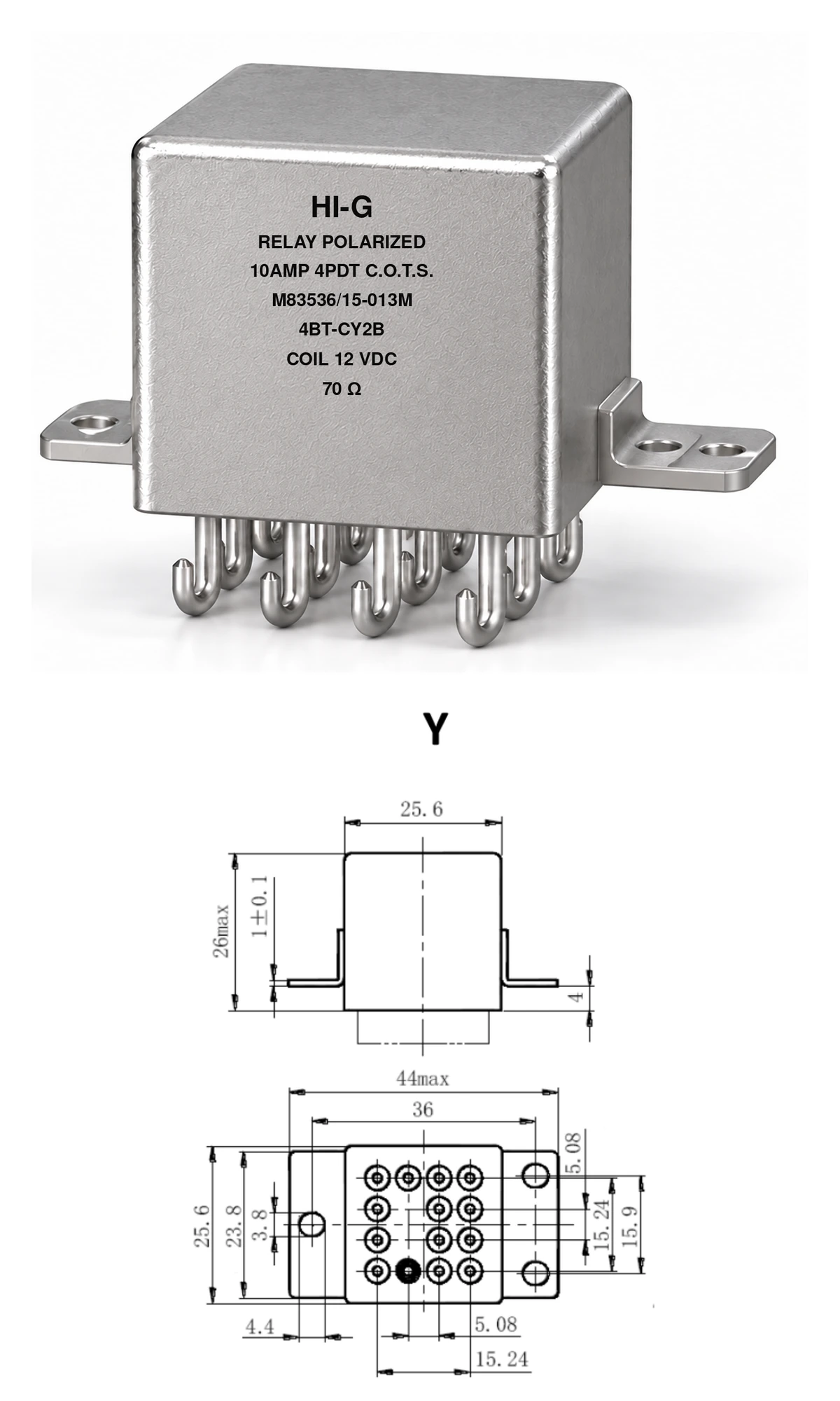 4BT-CY2B — M83536/15-013M; 4BT relay with C header and Y mounting, 12 Vdc coil, 70 Ω; individual product photo and mounting diagram
