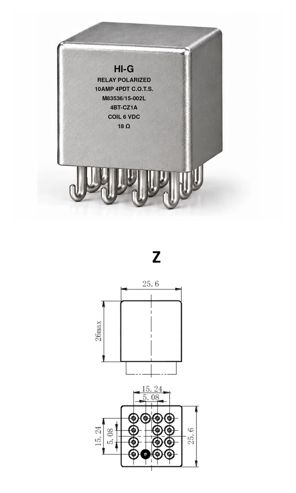 4BT-CZ1A — M83536/15-002L; 4BT relay with C header and Z mounting, 6 Vdc coil, 18 Ω; individual product photo and mounting diagram