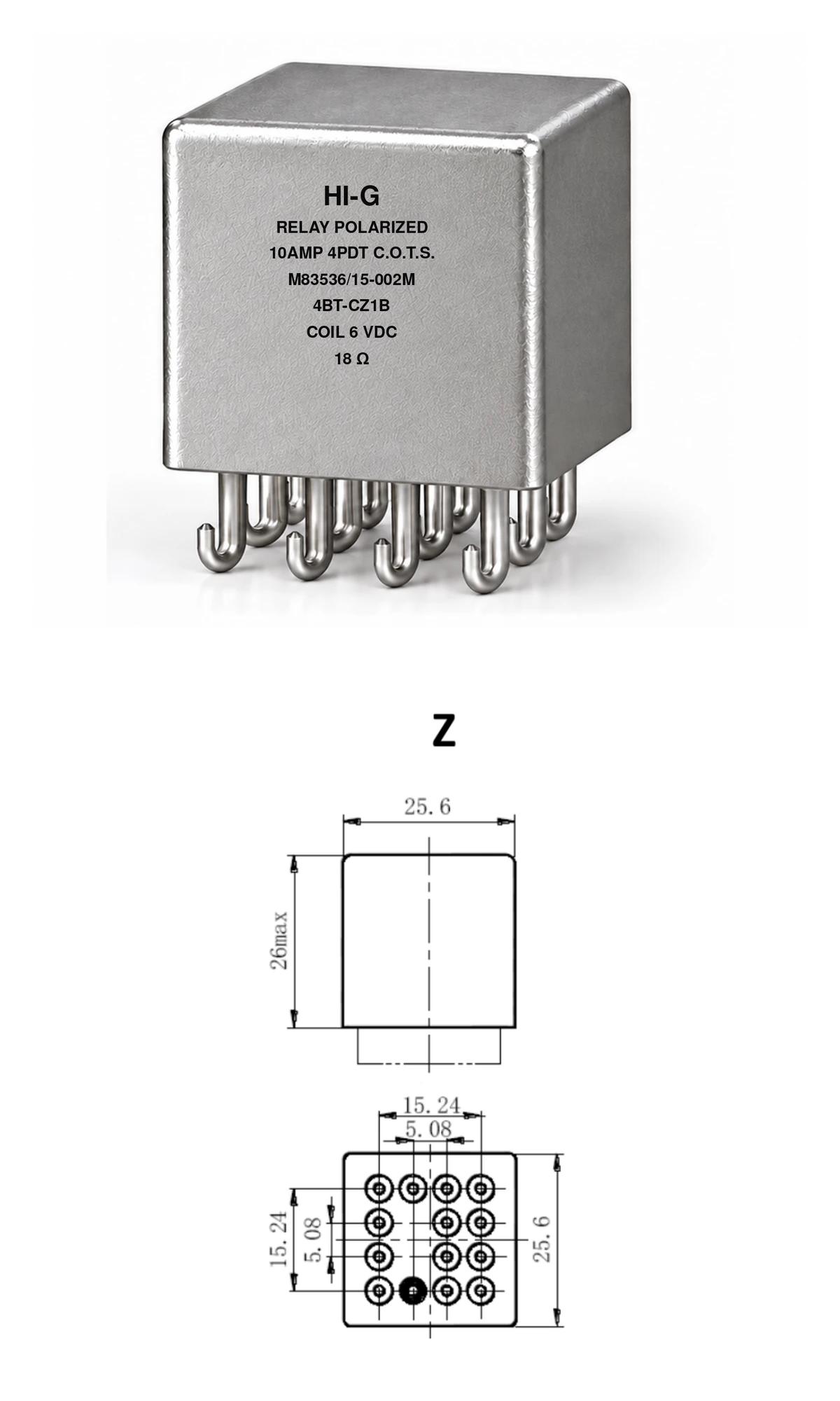 4BT-CZ1B — M83536/15-002M; 4BT relay with C header and Z mounting, 6 Vdc coil, 18 Ω; individual product photo and mounting diagram